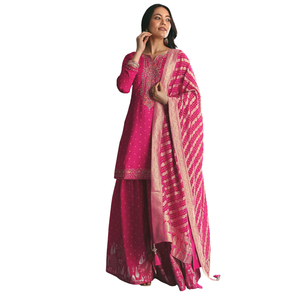 Rani Pink Russian <b>Silk</b> <b>Kurta</b> Palazzo With Banarasi Dupatta Wholesale Women Ethnic Apparel OEM Factory Supplier Custom Outfit - Product Image 1