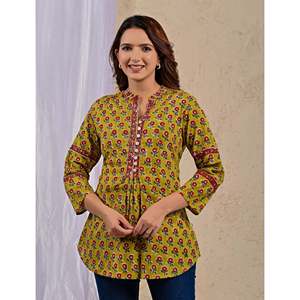 Blusa de Popelina Verde con Estampado Floral, Cuello con Lazo y Mangas Medias para Mujer, Talla XL, para Primavera y Otoño - Product Image 1