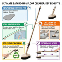 Brosse de nettoyage de sol polyvalente en PP avec tampon de récurage remplaçable et manche télescopique long pour salle de bain carrelée