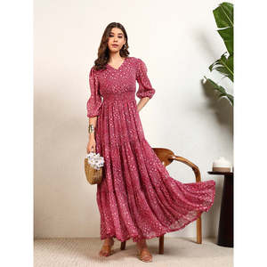Vestido Maxi de Gasa con Estampado Bandhani, Corte en A, con Volantes y Mangas Abullonadas, Cuello en V, Estilo Casual de Verano para Mujer, Marca DEEBACO - Product Image 1