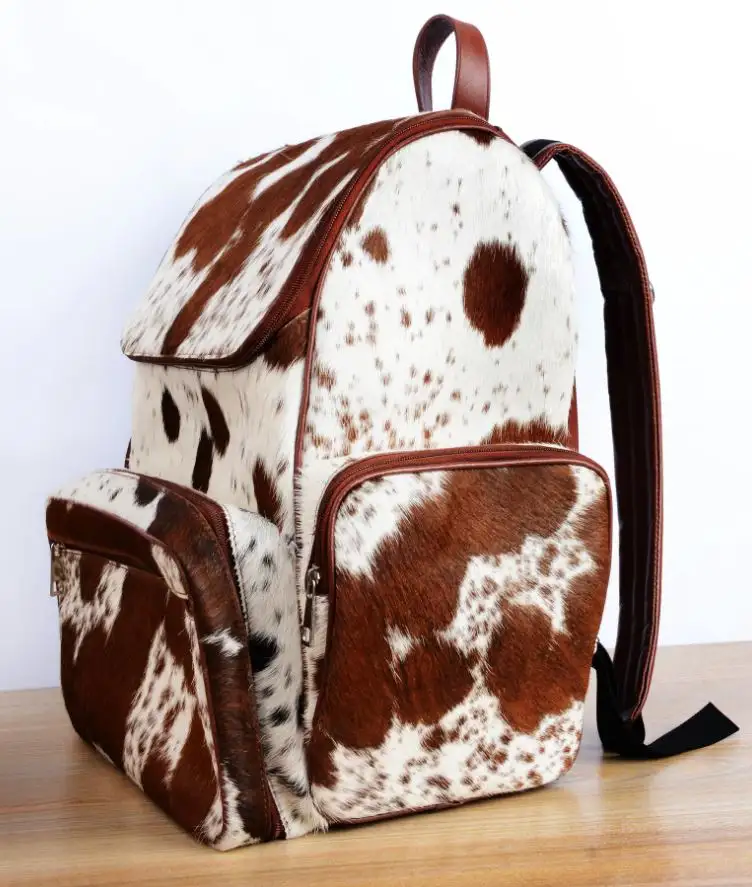 Cowhide Hair Leather Backpack Brown and White Pony Fur Travel Shoulder Bag