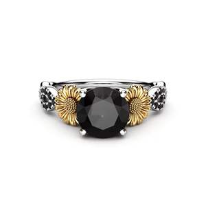 Anillo de Compromiso de Dos Tonos con Diamante Redondo Negro en Forma de Girasol para Mujer - Product Image 4