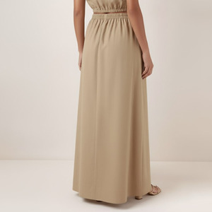 Jupe longue décontractée kaki pour femme avec poches latérales et taille élastique fendue - Product Image 6