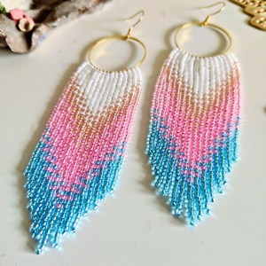 Boho <b>bead</b> earrings with turquoise design andy cascading <b>fringe</b>, unique jewelry gift - Product Image 1