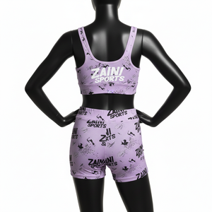 Conjunto de pantalones cortos de poliéster y spandex de 220 GSM de primera calidad, color lavanda y negro, con estampado por sublimación y logotipo personalizado para mujer, conjunto de pantalones cortos de algodón para mujer. - Product Image 2