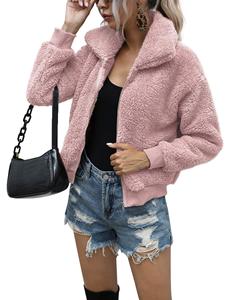 Women's <b>Short</b> Faux Fur Fleece <b>Jacket</b> Casual Shaggy with Pockets Warm Winter Breathable Canvas Cotton Filling Nylon Zip-Up - Product Image 2