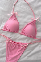Maillot de bain bikini deux pièces extrêmement mini micro rose et bleu pour femmes, avec nœud, bas à nouer sur le côté réglable et haut dos nu