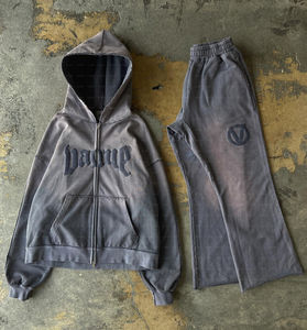 Survêtement vintage délavé à l'acide personnalisé pour hommes Streetwear vieilli coupe et couture Patchwork ensemble sweat à capuche et pantalon de survêtement - Product Image 3