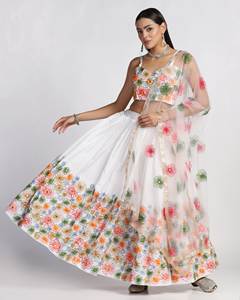 Nueva fiesta atractiva Lehenga Choli con Dupatta Color blanco flor impresa bordado trabajo secado rápido - Product Image 6