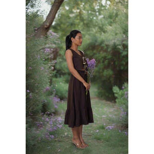 Conjunto de Falda Midi Acampanada de Crepé Cocoa Dusk y Top con Cuello en V y Lazo, Casual, Transpirable, de Alta Calidad, Tejido de Punto de Algodón y Spandex, Primavera - Product Image 1