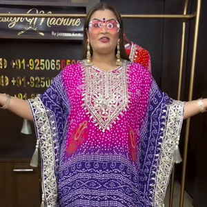 Impresionante trabajo de bordado Pure Chinon Silk Kaftan con Dhoti Set Mujeres Lana Abaya Impresión digital Adultos India y Pakistán Soporte - Product Image 1