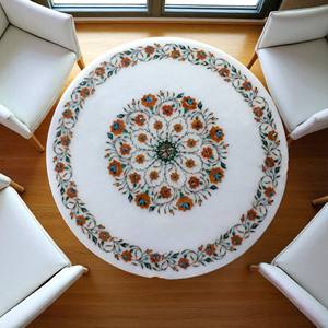 Plateau de table basse en marbre blanc avec incrustations de style antique, travail d'incrustation sculpté à la main, pièce maîtresse unique, exportateur de meubles en Inde - Product Image 2