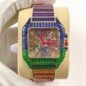 นาฬิกาแฟชั่นสำหรับผู้ชายทรงบาแกตต์ประดับเพชรสีสันสดใสงานกลไกอัตโนมัติแนวฮิปฮอป - Product Image 1