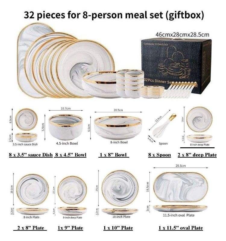 32 piezas para un juego de comida para 8 personas.