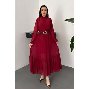 Vestido de Gasa con Volantes Color Borgoña - Borgoña - Product Image 1