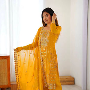 Heavy Designer Party <b>Festival</b> Wear Faux Georgette Thread With Sequence Work <b>Top</b> and Palazzo Pant With Faux Georgette Dupatta - Product Image 1