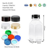 Botella Cuadrada de Plástico PET para Jugo con Tapa de 250ml 8oz, Tapa a Prueba de Manipulación, Impresión Serigrafiada para Smoothies y Bebidas