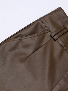 Pantalones largos de cuero Invierno Nuevos Pantalones rectos de cintura alta Pantalones de cuero de PU Pantalones cálidos de moda de gran tamaño - Product Image 6