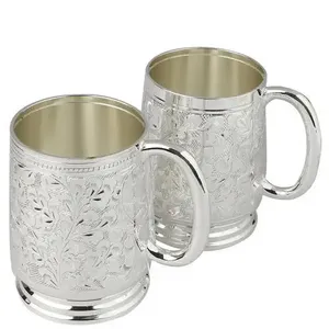 Tasse à café fantaisie en laiton et thé servant le meilleur cadeau de Texture florale de concepteur tasse à café couleur argent brillant tasses à café polies - Product Image 1