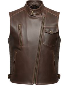 Gilet de motard en cuir véritable marron de qualité supérieure pour homme, sans manches, col montant, fermeture éclair asymétrique, avec poches utilitaires - Product Image 1