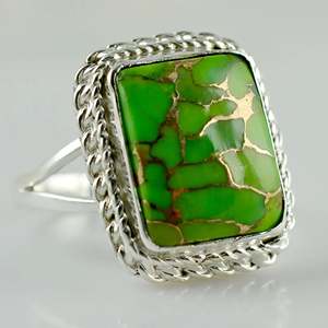 Green Copper <b>Turquoise</b> <b>Ring</b> 925 Sterling Silver Handmade Promise <b>Ring</b> for Women Bezel Setting Cushion Style Perfect Gift - Product Image 5