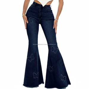 กางเกงยีนส์ทรงบานปักลายผีเสื้อเอวสูงสำหรับผู้หญิง ลดราคาสุดฮอต รุ่นใหม่สุดฮิต สีน้ำเงินเข้ม ขากว้างทรงระฆัง - Product Image 1