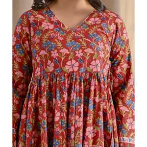 Vestido largo Angrakha rojo con estampado Jaal y vuelo, ropa india y pakistaní - Product Image 2