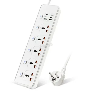 Tomada de energia elétrica padrão universal com 5 tomadas e interruptor independente 13A 250V 3250W 2M com fio tipo C USB