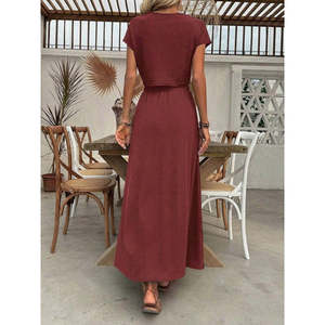 Conjunto de Dos Piezas para Mujer: Blusa Corta de Viscosa con Cuello Redondo y Falda Larga, 37763 - Naranja - Product Image 4