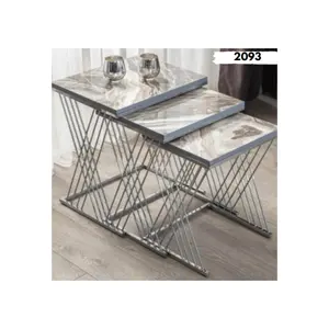 Silver Metal Rio Wooden Three Sizes Side Table Set for Living Room & Dining Room Furniture 2024 Made in Turkey Coffee Tables