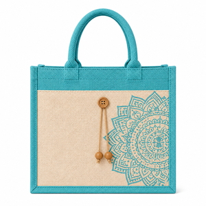 Bolsa de Yute Laminada Azul con Estampado de Mandala y Botón de Madera, Bolsa de Compras Reutilizable Ecológica para Exposiciones y Bodas - Product Image 3