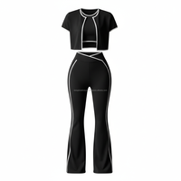 Ensemble de yoga 5 pièces personnalisé OEM pour femme : haut court épaules dénudées, veste sans manches, leggings évasés taille haute sans couture