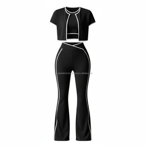 Conjunto de Yoga de 3 Piezas Personalizado OEM para Mujer, Top Corto con Ribete en Contraste, Chaqueta y Leggings de Cintura Alta con Corte Acampanado, Traje Deportivo para Gimnasio y Entrenamiento - Product Image 1