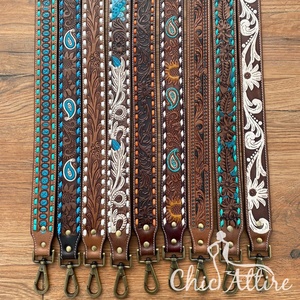 New Premium Quality Personalizable Hand Tooled Leather Western Replacement Purse Strap & <b>Camera</b> Strap with Antique Brass Snaps - Product Image 1