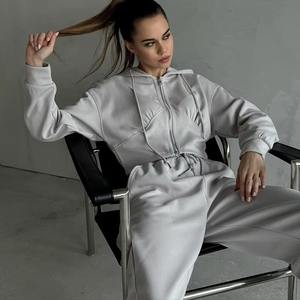 Automne nouveau décontracté femmes à manches longues fermeture éclair sweat à capuche couleur unie deux pièces ensemble FZ 2025 - Product Image 6