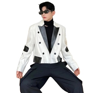 Abrigo elegante de Moda de Primavera para hombre, chaqueta de contraste de Color empalmado de lona de PU de piel de oveja corta Original - Product Image 1