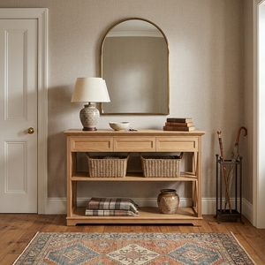 Mesa Consola Moderna de Madera de Roble Natural con 3 Cajones y 2 Estantes Abiertos, Mesa Auxiliar con Estructura en X para Entrada, Sofá o Sala de Estar - Product Image 6
