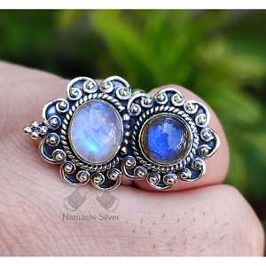 Rainbow Moonstone Labradorite Handmade Boho <b>Ring</b> for Women Classic <b>Statement</b> Dual Gemstone Inlay Styled Sterling Silver Gift - Product Image 2