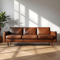 Sofá Cama Cuadrado de Cuero Genuino Marrón Estilo Mid-Century Moderno Tapizado para Sala de Estar, Apartamento, Parque, Taller, Villa, Escuela, Hogar