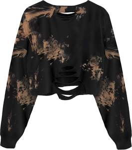 Camiseta Corta Holgada para Mujer, con Estampado de Sol y Luna, Estilo Desgastado, con Capucha Bordada, Transpirable, Forrada, para Invierno - Product Image 4