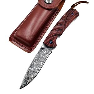 Logotipo personalizado cuchillo plegable hecho a mano HOJA DE Damasco mango de madera bolsillo supervivencia Camping caza cuchillos - Product Image 1