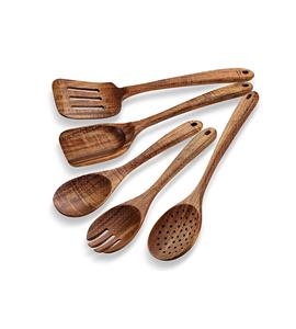 Cuillères de cuisine en bois Ensemble d'ustensiles de cuisine pour la cuisine, 5 pièces Cuillère en bois d'acacia Ustensiles de cuisine essentiels pour l'appartement Tourne en bois - Product Image 1