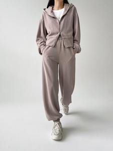 Ensemble de survêtement oversize pour femme en molleton 100 % coton avec fermeture éclair, survêtement uni - Product Image 3