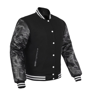 Veste universitaire Letterman avec écussons en laine chenille pour hommes, col montant et manches en cuir imprimées avec logo sur le devant - Product Image 2