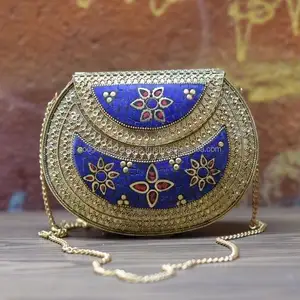 Bolsos de Metal de nuevo diseño, bolso de mano de mosaico colorido con piedra azul en atractivo patrón de mosaico, bolso de mano de noche, bolso de mano para mujer