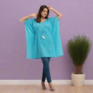 Leheriya Print Cotton Kaftan Cocktail Dress in <b>Light</b> Blue (SHKUP1224) - Product Image 1