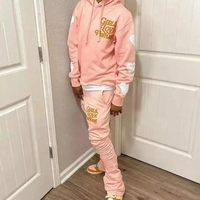 Conjunto de chándal de invierno de moda con estampado serigrafiado, sudadera con capucha corta de dobladillo sin rematar y pantalones de chándal de forro polar acampanados apilados para hombre y maternidad