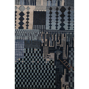 Tapis rectangulaire Manchaha bleu en laine et soie de bambou noué à la main 10 mm pour couloir et maison - Modèle Les-2679 Abstrait Fait main - Product Image 3