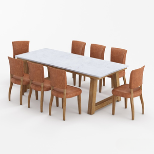 Juego de Comedor Rústico Europeo Moderno de 9 Piezas de Madera de Teca Sólida, Lujoso Juego de Mesa Ovalada con Tapa de Mármol y 8 Sillas de Cuero Hechas a Mano - Product Image 3