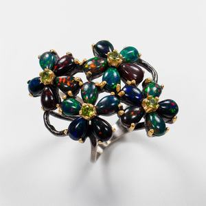 Bague de luxe en opale noire, certifiée IGI, en argent sterling, conçue pour un look élégant et affirmé, brillance florale intemporelle - Product Image 1